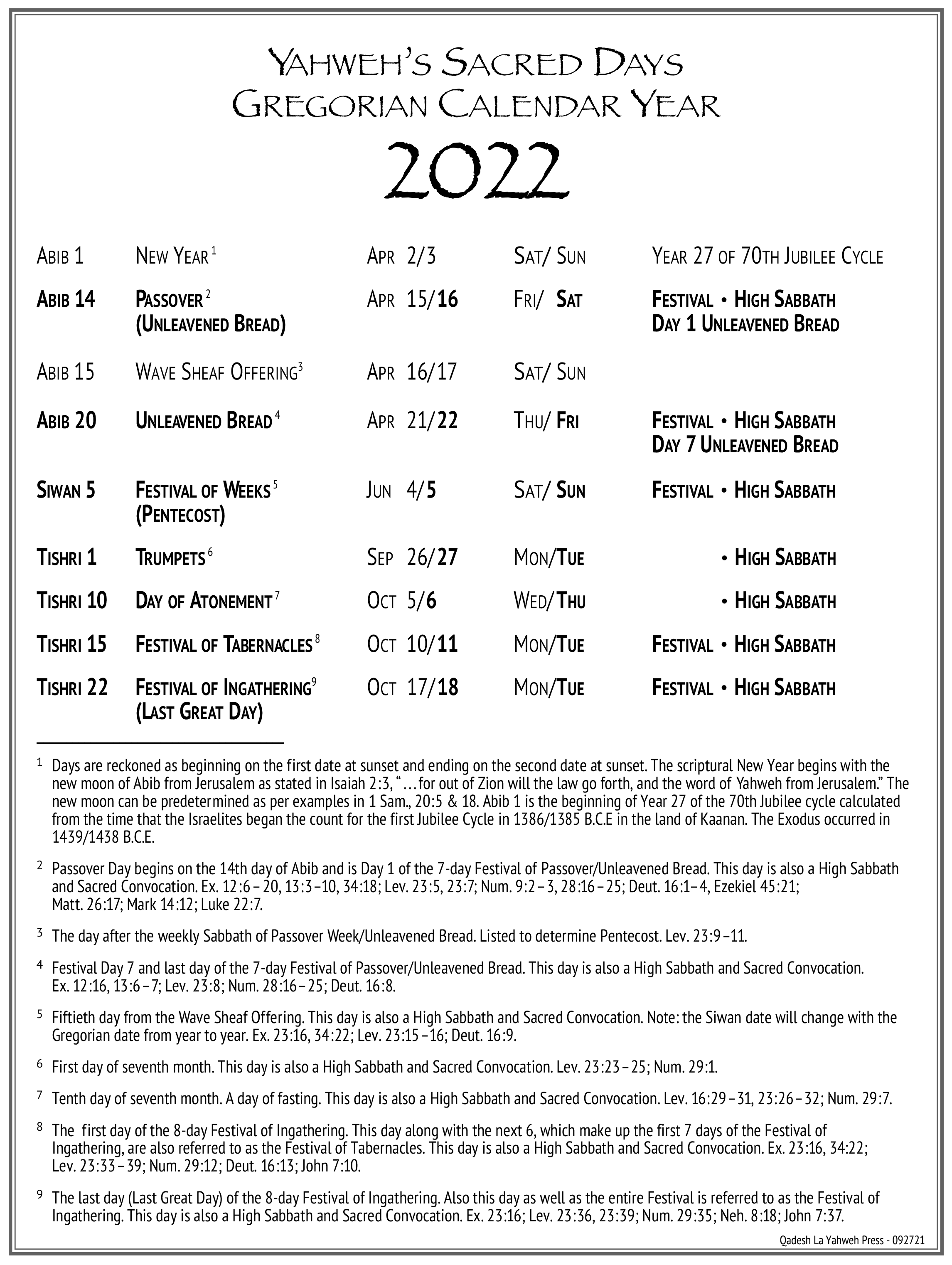 Lunar Sabbath Calendar 2022 Calendar 2022 | Yahu Ranger Report
